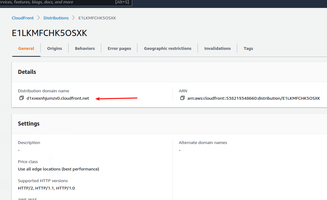 Cloudfront console shows domain name to access files