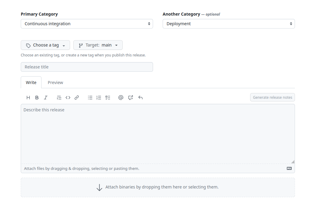 Form with information about Github action