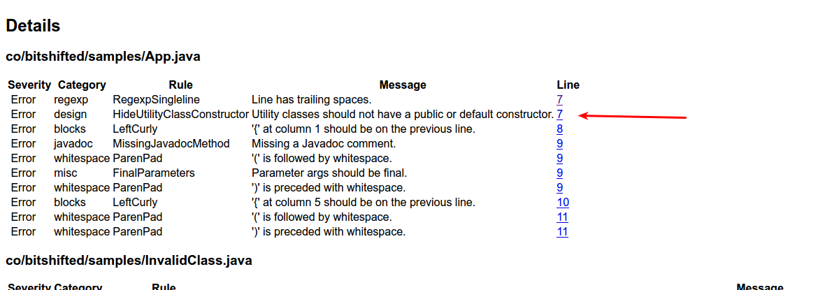 Checkstyle generated HTML report linking to source code