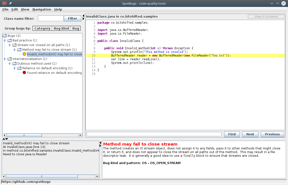 SpotBugs GUI showing generated report